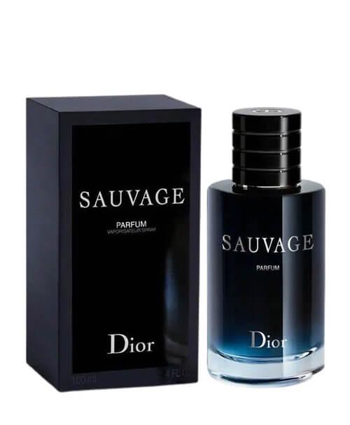 Hình ảnh chai nước hoa Dior Sauvage EDP nam tính, sang trọng trên nền đá hoặc thiên nhiên hoang dã.